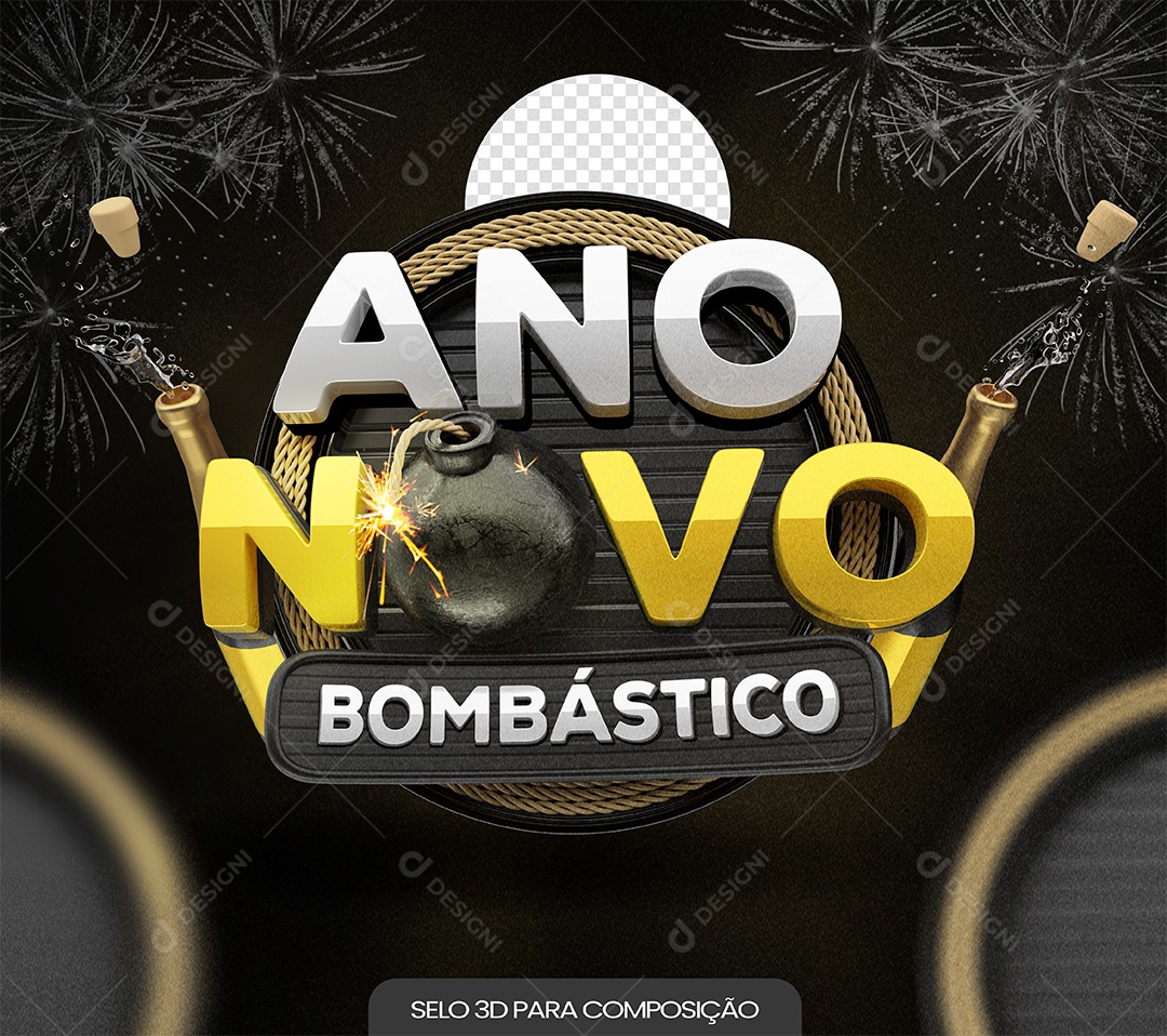 Ano Novo Bombástico Selo 3D Branco e Amarelo para Composição PSD