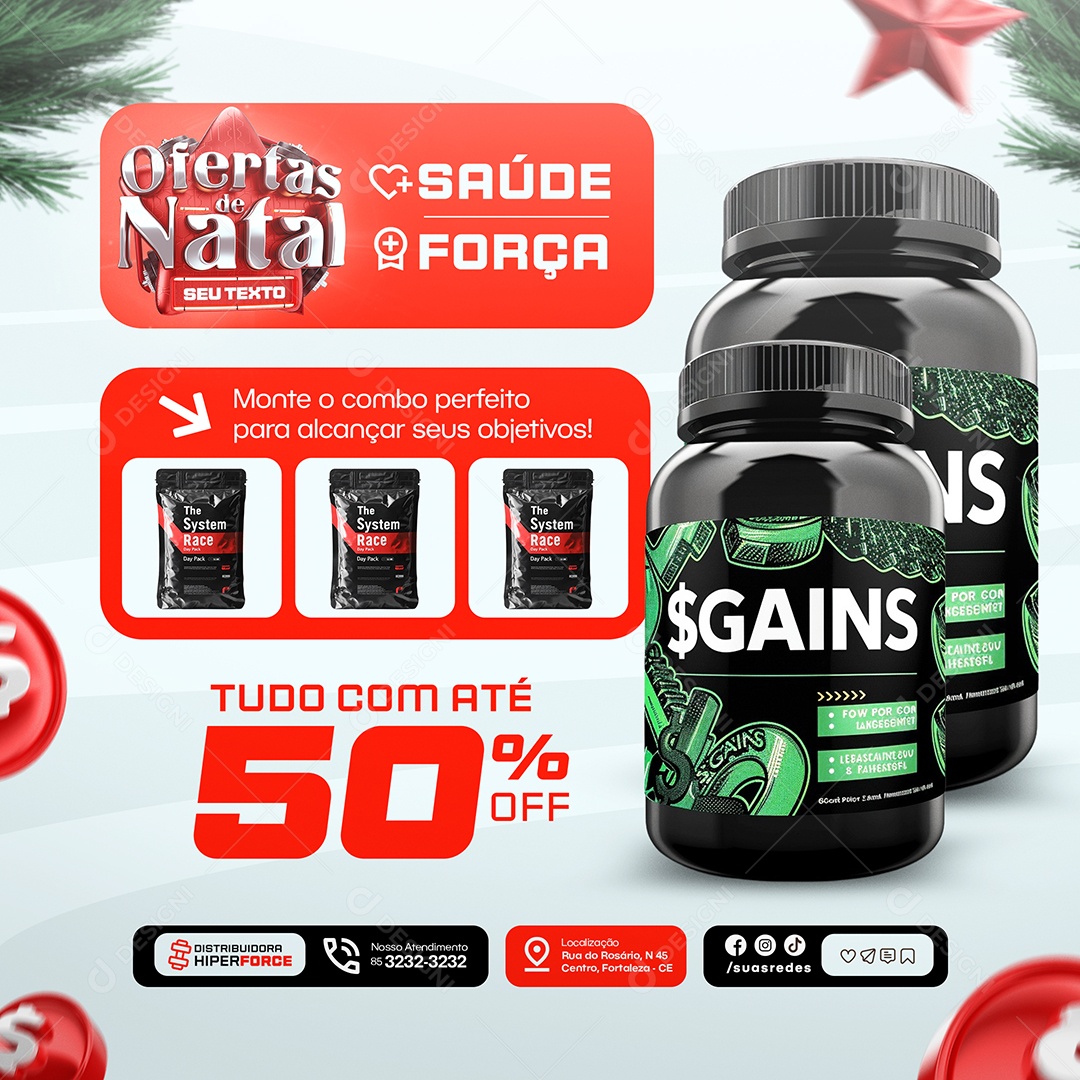 Ofertas de Natal Loja de Suplementos Saúde Força Social Media PSD Editável