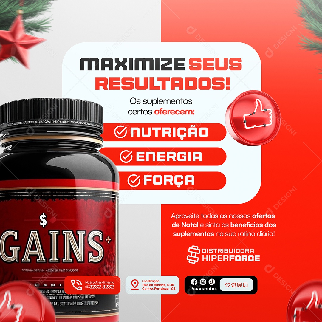 Ofertas de Natal Loja de Suplementos Maximize seus Resultados Social Media PSD Editável
