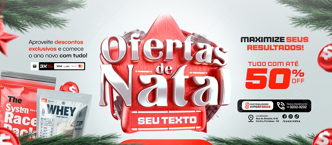 Banner Ofertas de Natal Loja de Suplementos Maximize seus Resultados Social Media PSD Editável