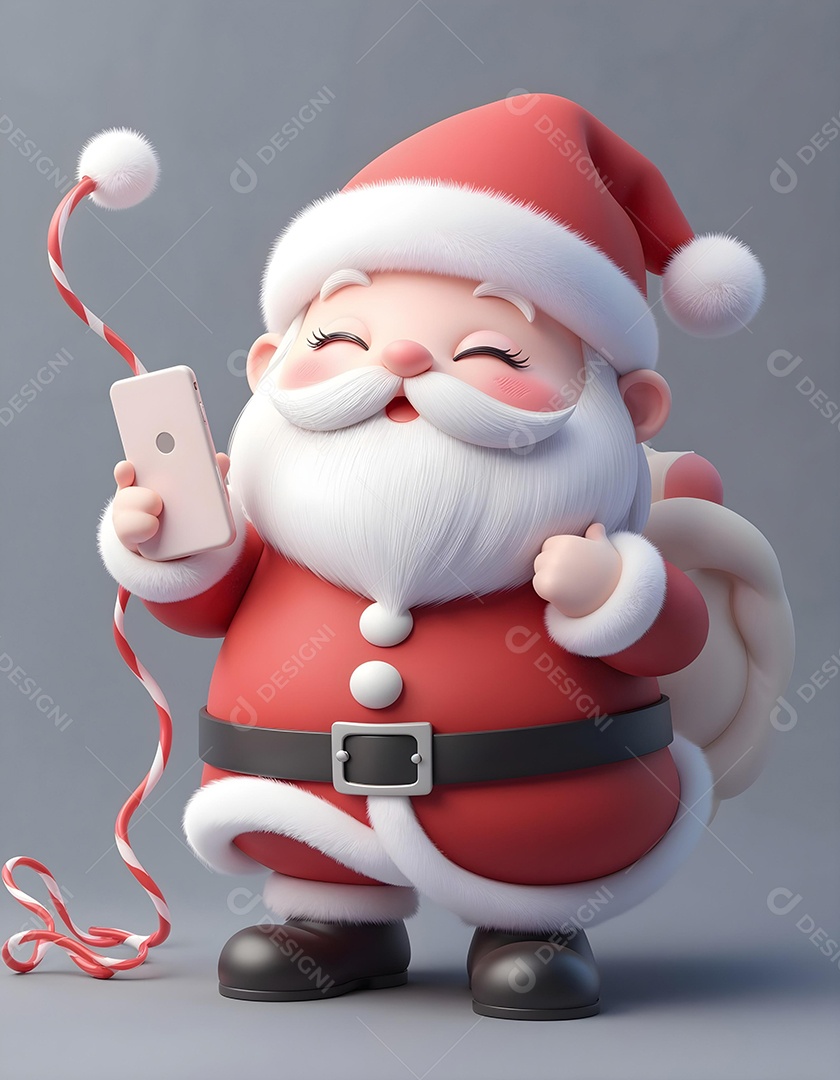 Papai Noel Feliz usando um smartphone