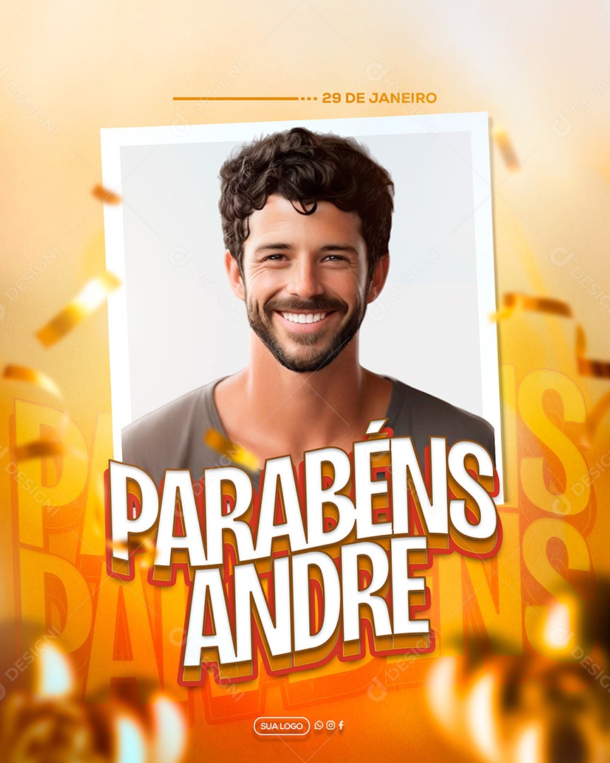 Parabéns André Feliz Aniversario Amarelo Social Media PSD Editável