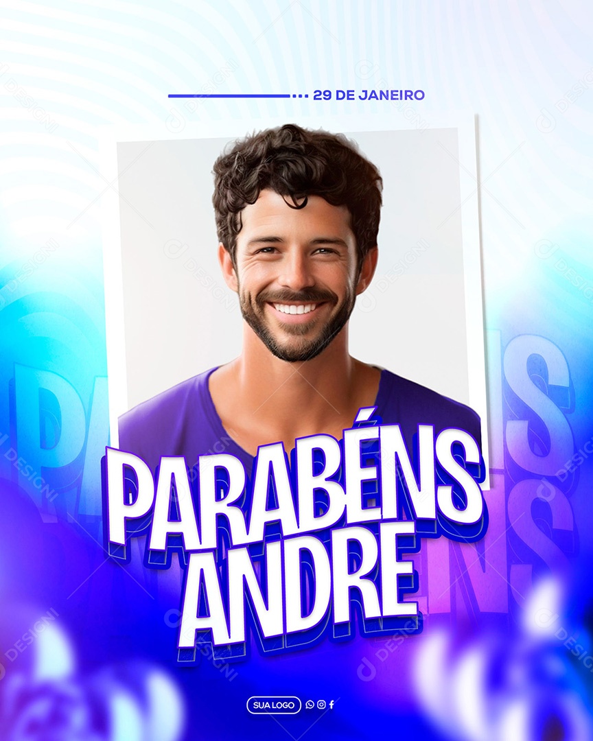 Parabéns André Feliz Aniversario Azul Social Media PSD Editável