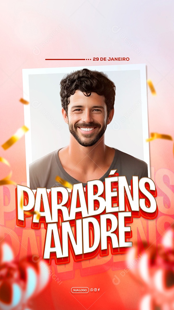 Story Parabéns André Feliz Aniversario Vermelho Social Media PSD Editável