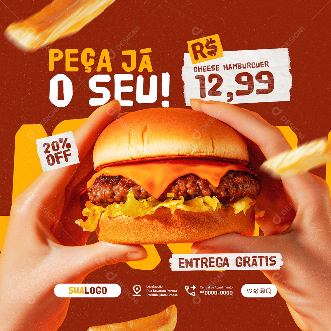 Lanchonete Peça Já o Seu Cheese Hamburguer Social Media PSD Editável