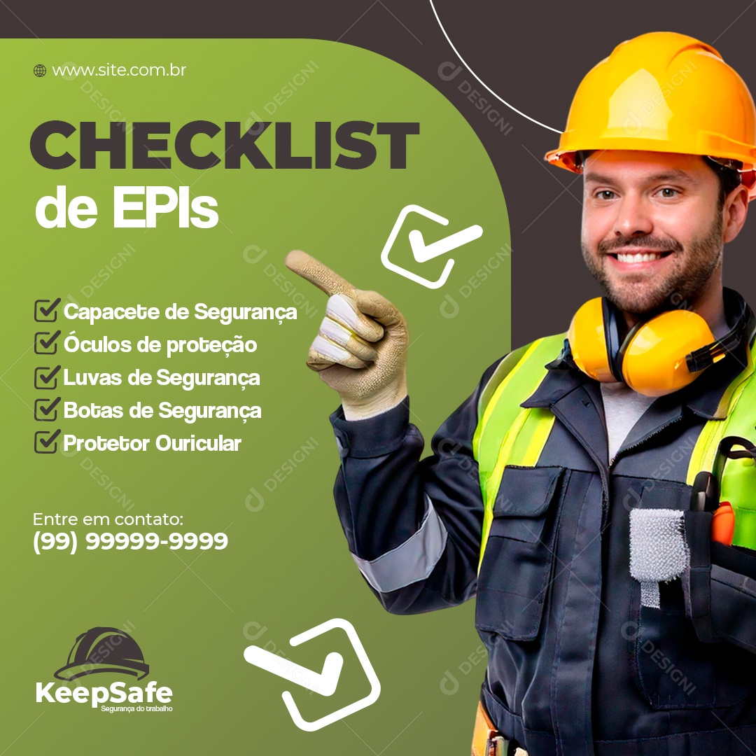 Keepsafe Segurança do Trabalho Checklist de EPIs Capacete Óculos Social Media PSD Editável