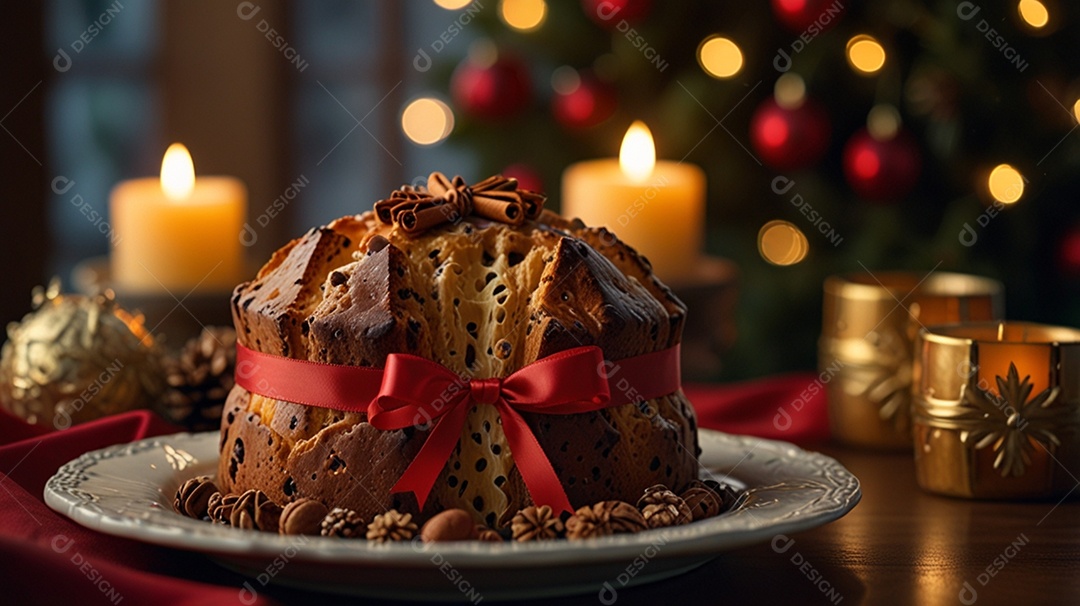 Panetone recheado com fita vermelha em mesa decorada