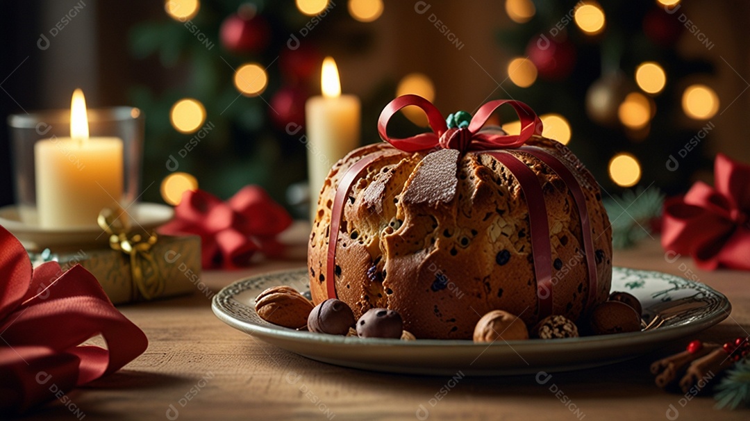 Panetone delicioso recheado em mesa decorada para o natal