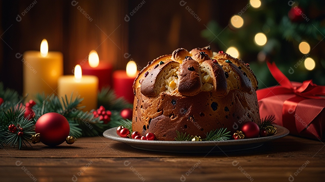 Um panetone recheado delicioso em mesa decorada para o natal