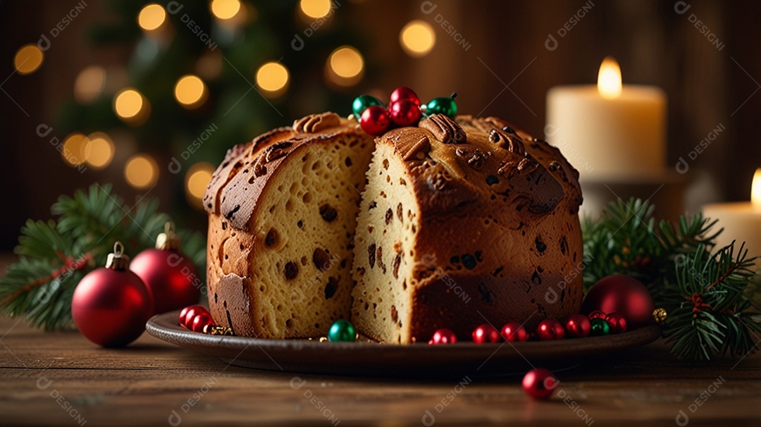 Panetone cortado sobre uma bandeja