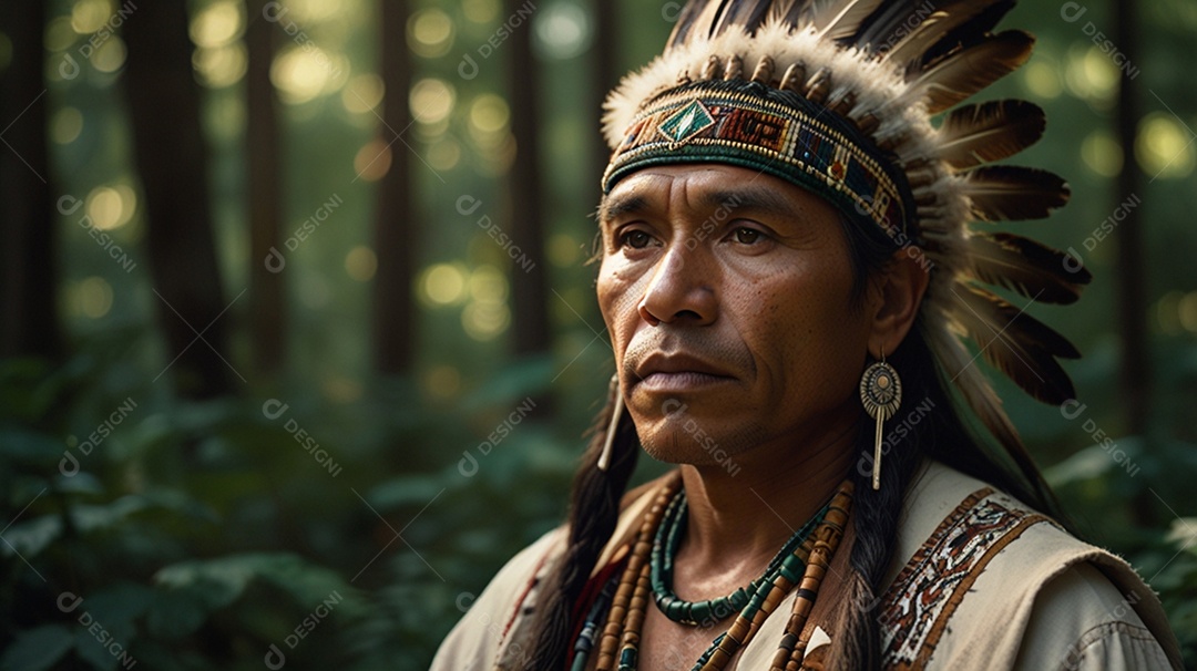 Índio olhando fixadamente na floresta