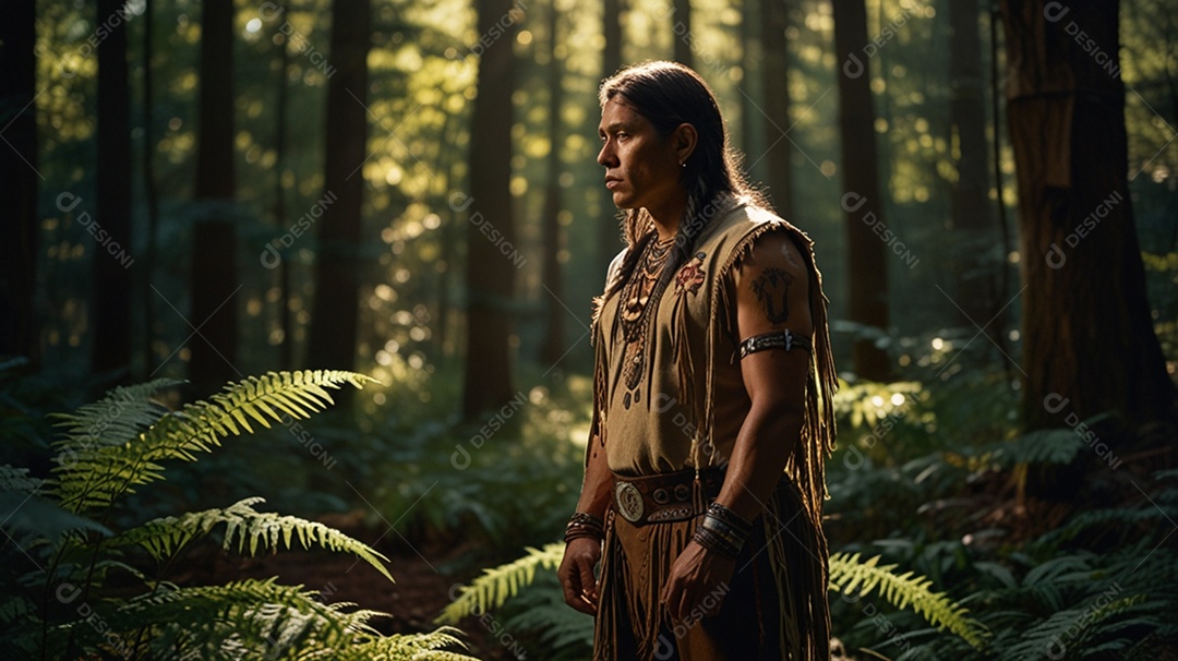 índio olhando para o lado na floresta