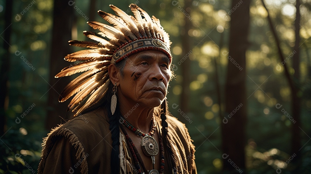 Um índigena idoso na floresta