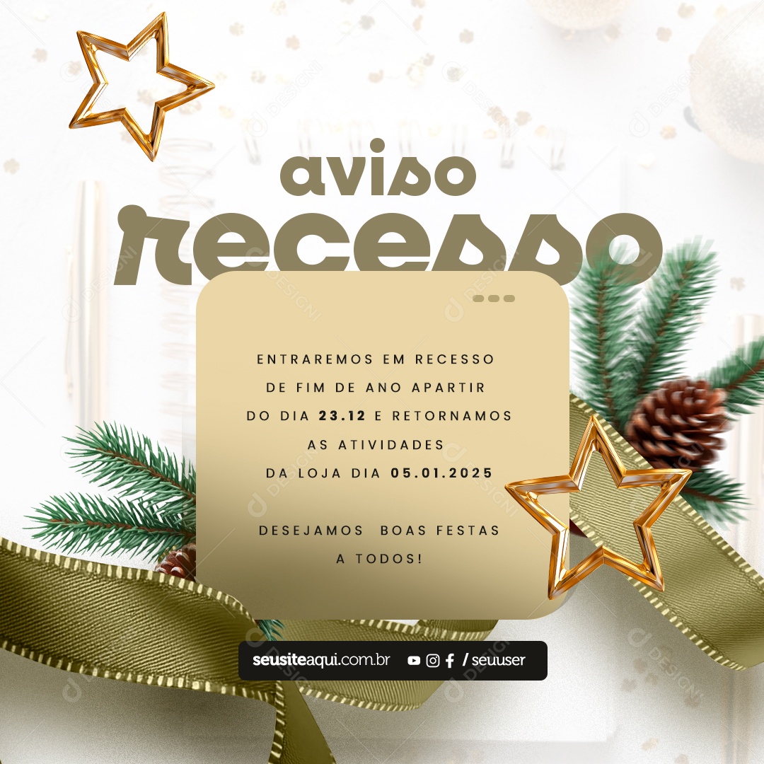 Aviso de Recesso de Natal e Ano Novo Social Media PSD Editável
