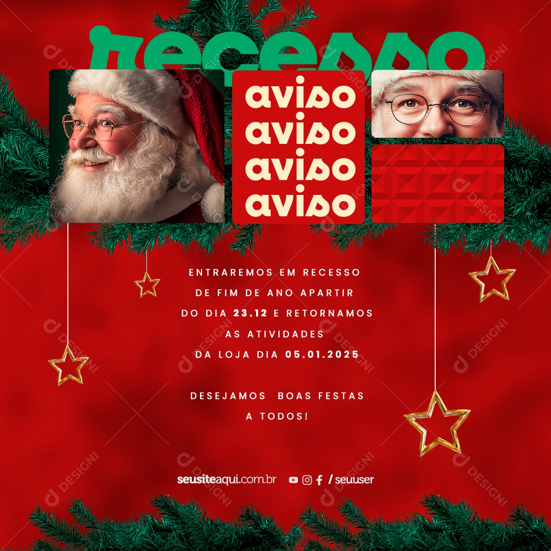 Aviso de Recesso de Natal e Ano Novo Social Media PSD Editável