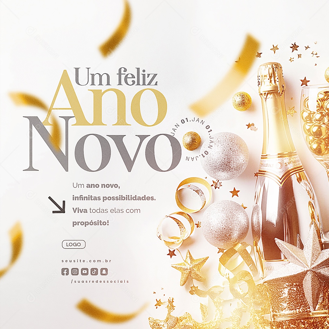 Um Feliz Ano Novo 01 de Janeiro Social Media PSD Editável