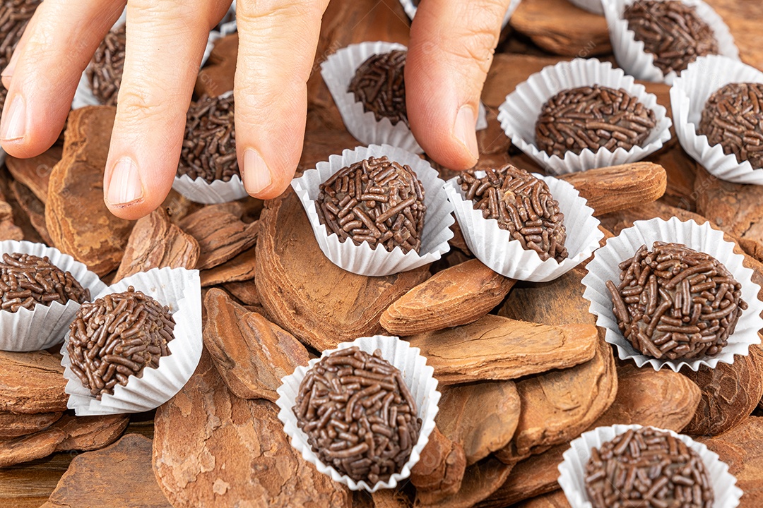 Trufa de chocolate brasileira em pequenas placas de madeira