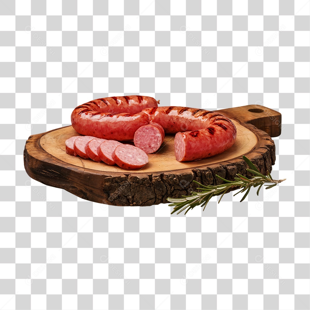Linguiça Assada em Tábua de Madeira PNG Transparente