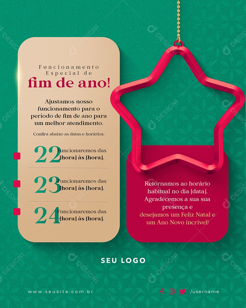 Recesso Funcionamento Especia de Fim de Ano Social Media PSD Editável