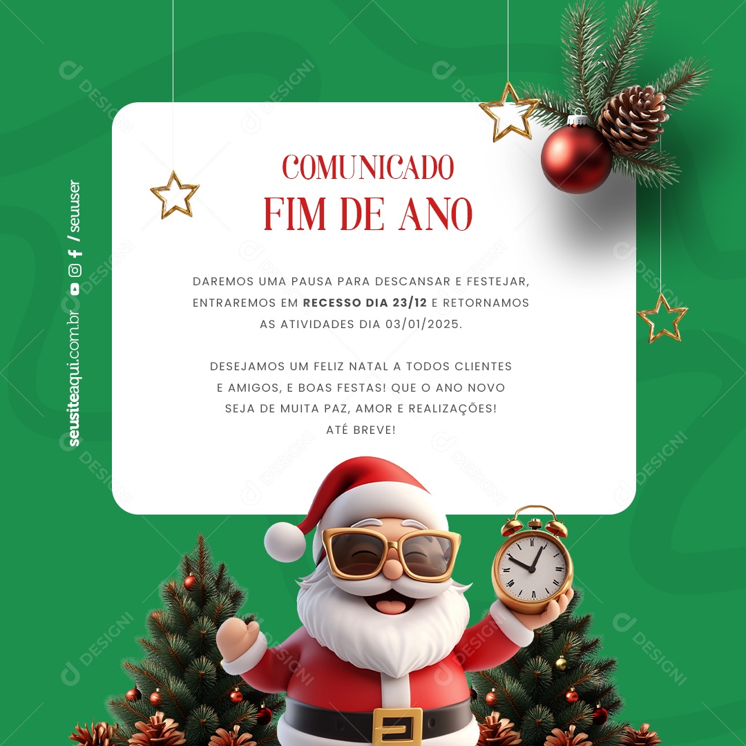 Aviso de Recesso de Natal e Ano Novo Social Media PSD Editável