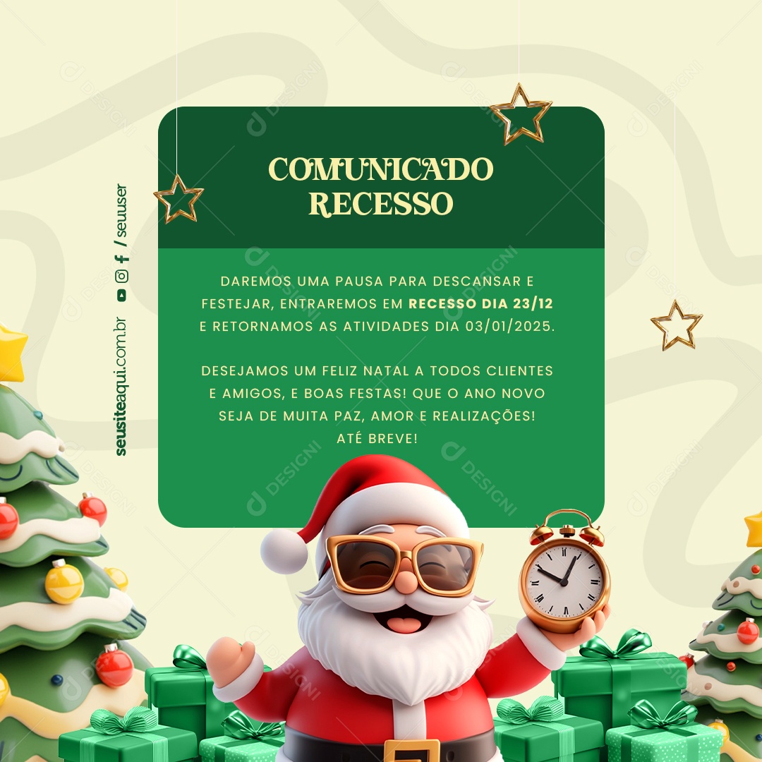 Aviso de Recesso de Natal e Ano Novo Social Media PSD Editável