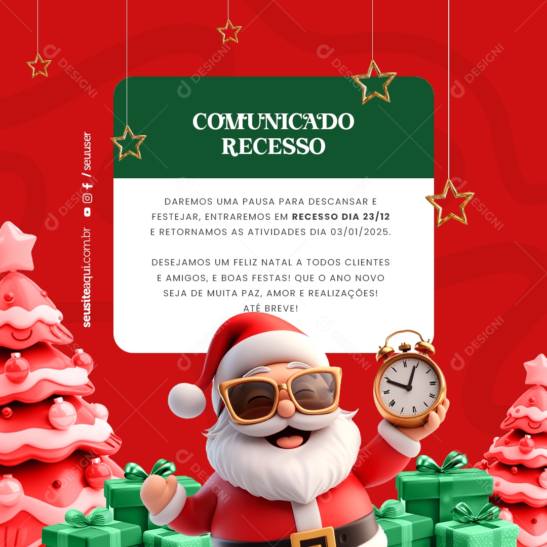 Aviso de Recesso de Natal e Ano Novo Social Media PSD Editável