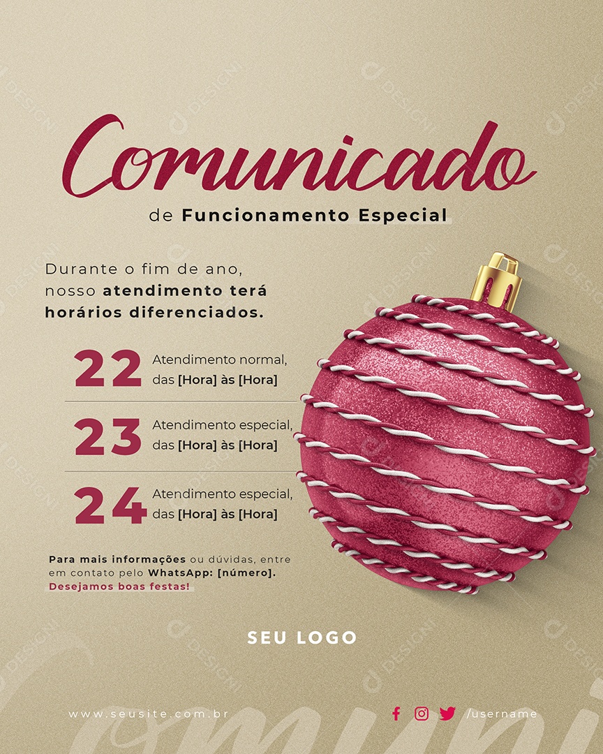 Recesso Comunicado Atendimento Especial Social Media PSD Editável