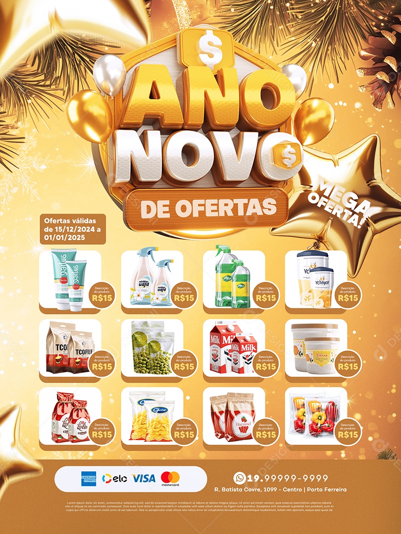 Tabloide Ano Novo de Ofertas Supermercado Mega Oferta Social Media PSD Editável