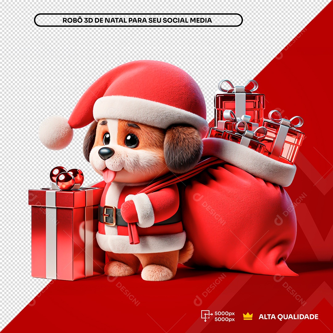 Cachorro 3D Natal Arrastando Saco de Presentes Elemento 3D Composição PSD