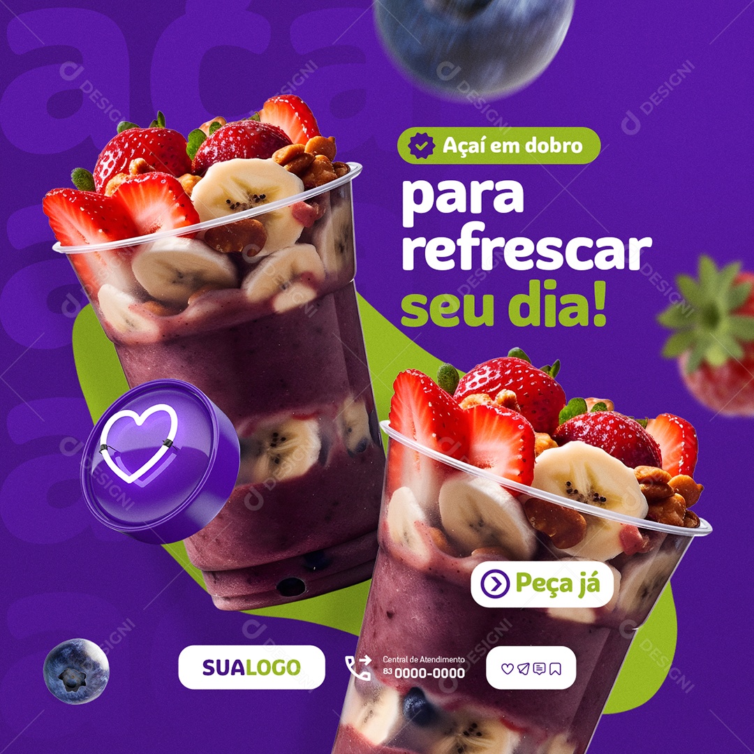 Açaiteria Açaí em Dobro para Refrescar seu Dia Social Media PSD Editável