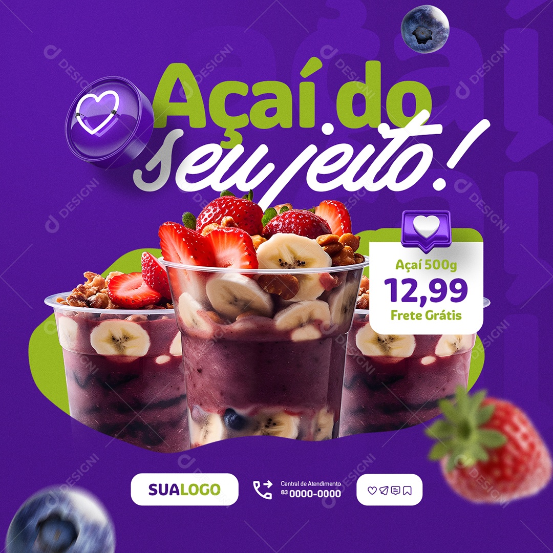 Açaiteria Açaí do Seu Jeito Frete Grátis Social Media PSD Editável