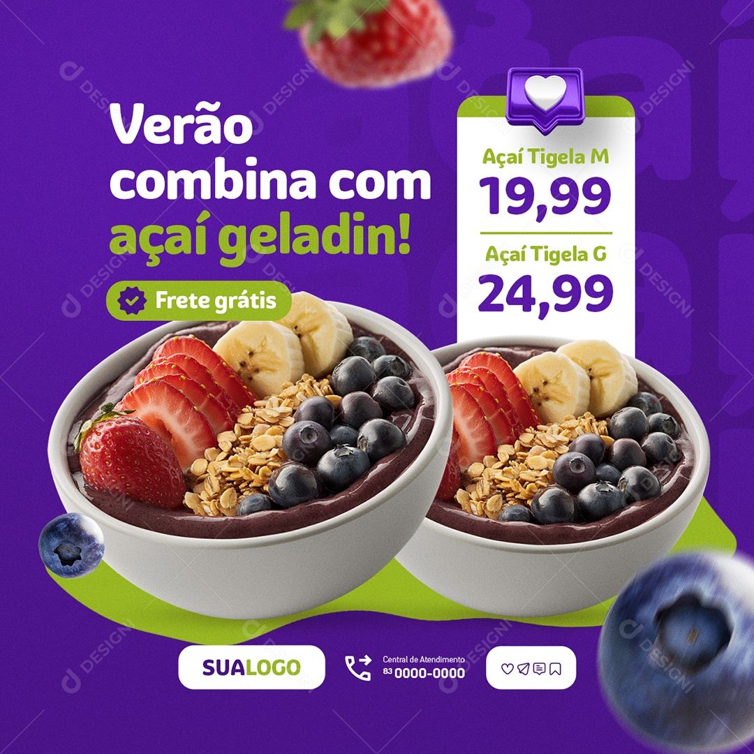 Açaiteria Verão Combina com Açaí Geladin Social Media PSD Editável
