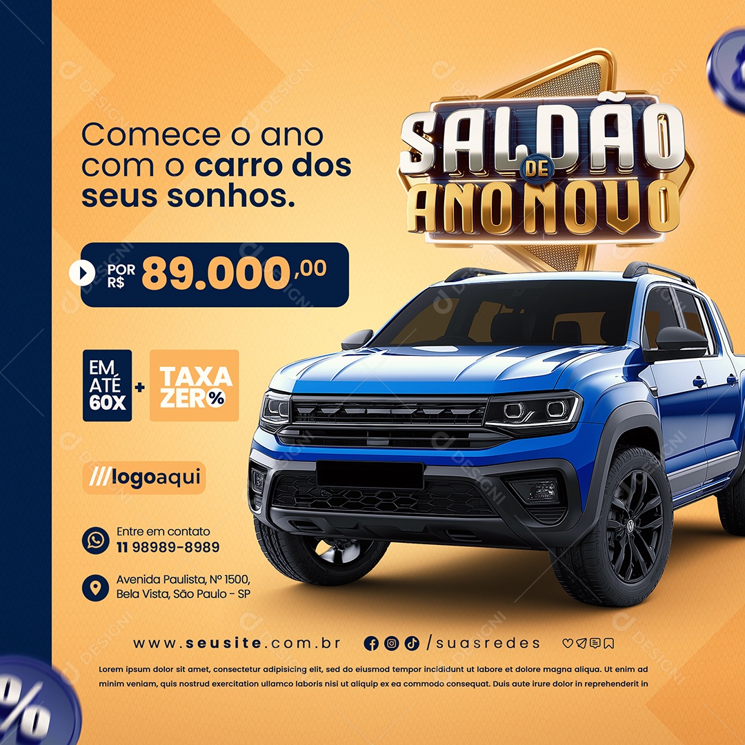 Saldão de Ano Novo Loja de Carros Taxa Zero Social Media PSD Editável