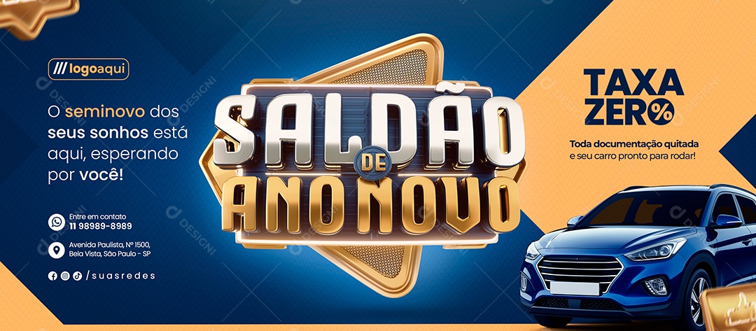 Banner Saldão de Ano Novo Loja de Carros Taxa Zero Social Meddia PSD Editável