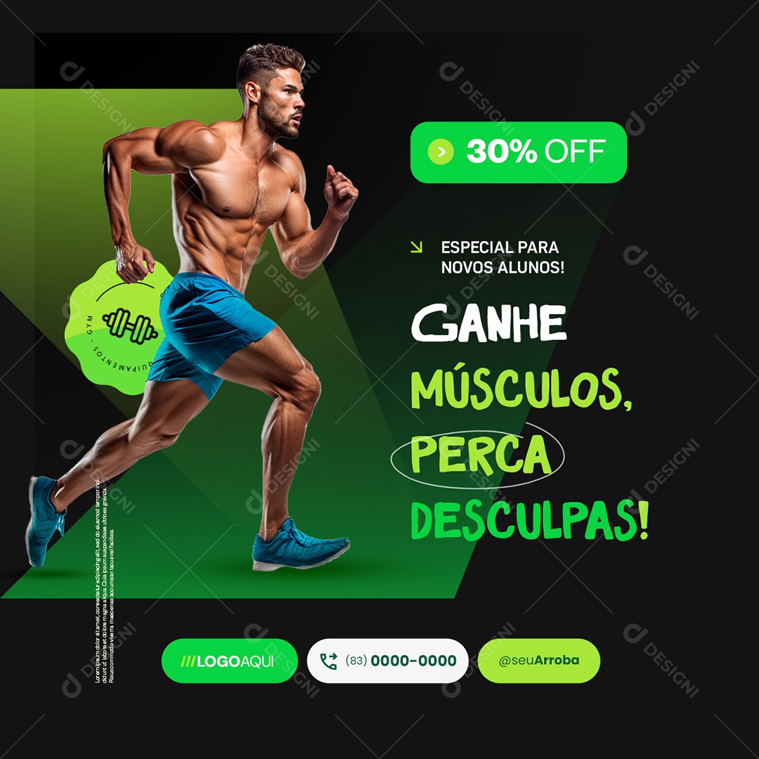 Academia Ganhe Músculos Perca Desculpas 30% Off Social Media PSD Editável