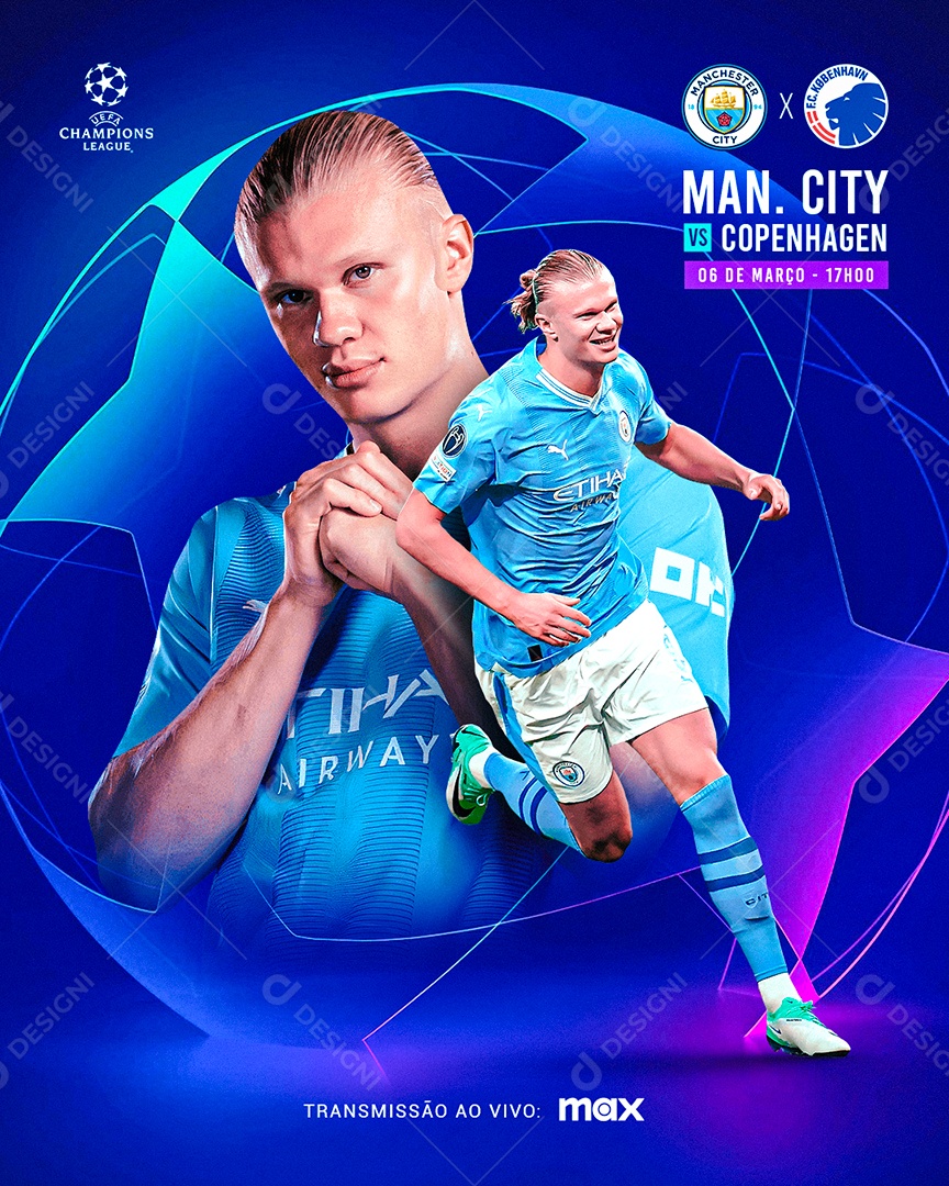 Flyer Haaland Man. City Champions League Feed Social Media PSD Editável
