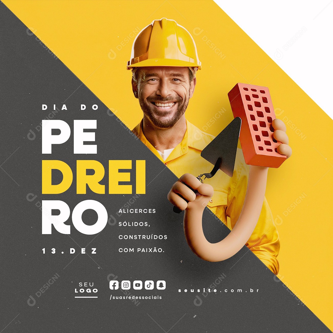 Dia do Pedreiro 13 de Dezembro Alicerces Sólidos Social Media PSD Editável