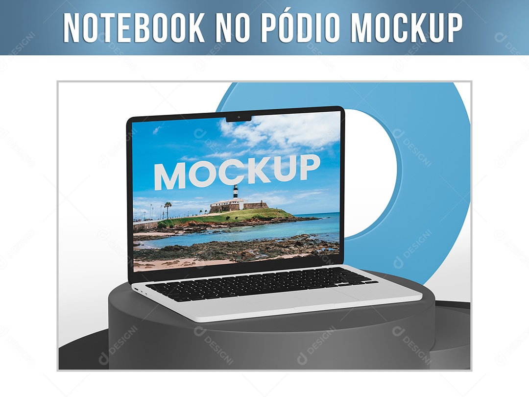 Notebook no Pódio Mockup PSD Editável