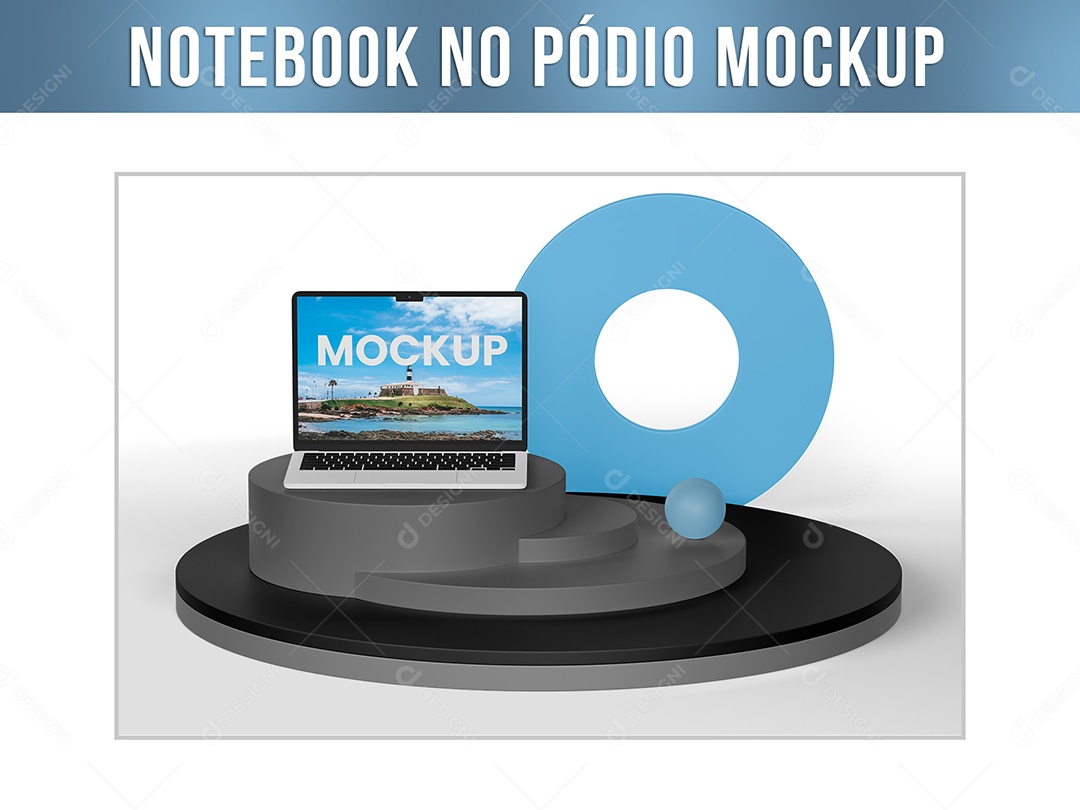 Notebook no Pódio Mockup PSD Editável