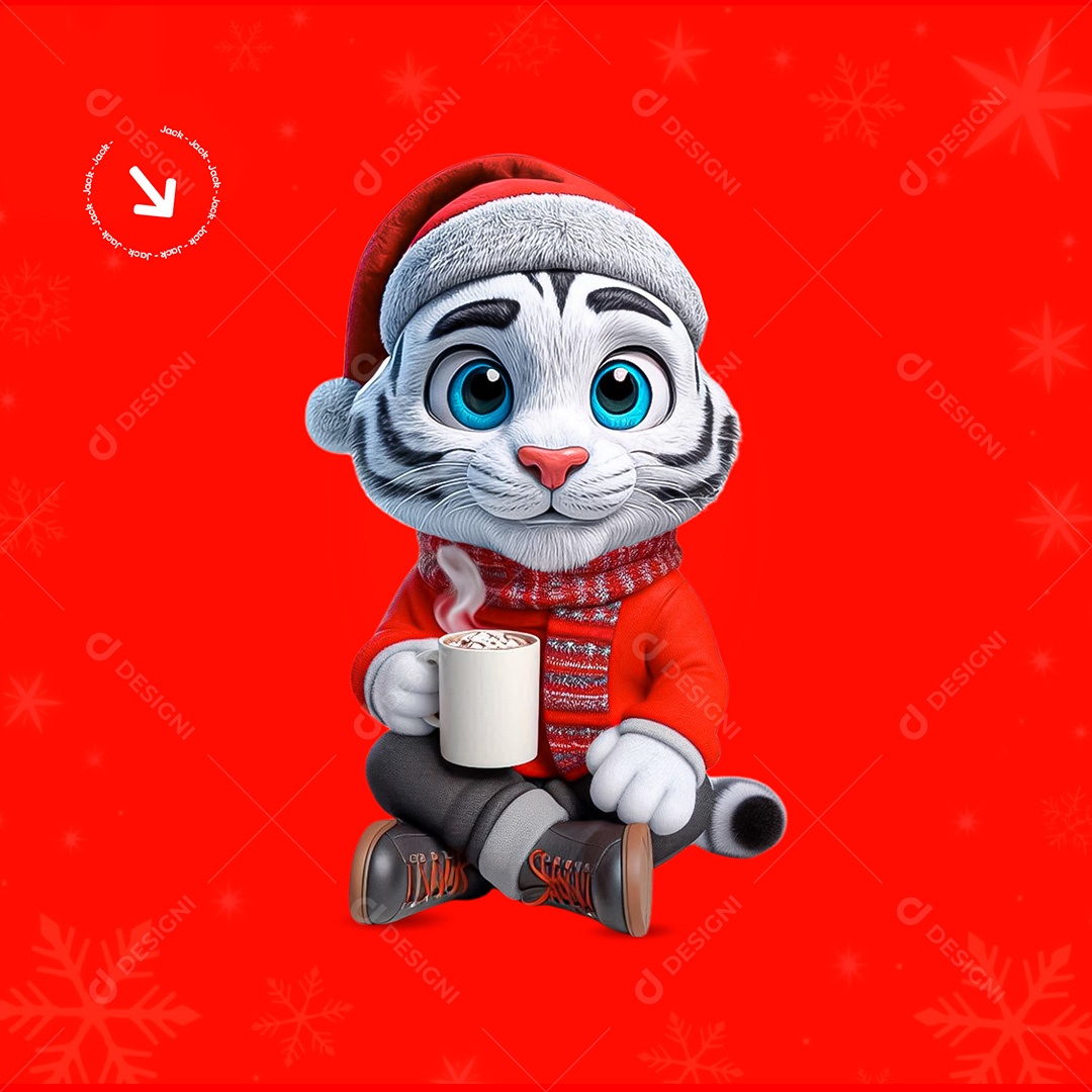 Mascote 3D Tigre de Roupa Natalina Segurando Uma Xicara para Composição PSD