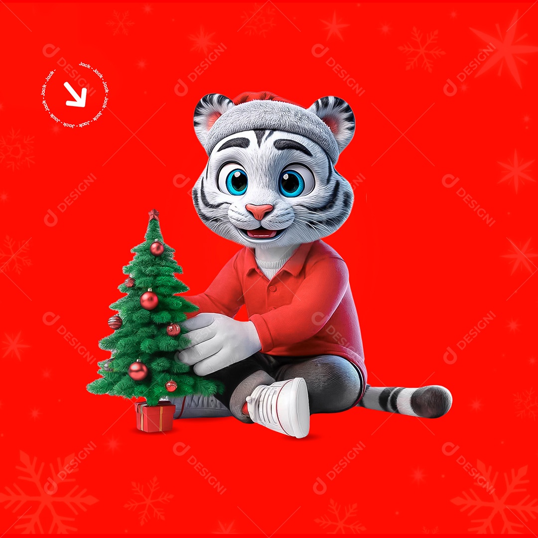 Mascote 3D Tigre de Roupa Natalina Segurando Mini Árvore de Natal para Composição PSD