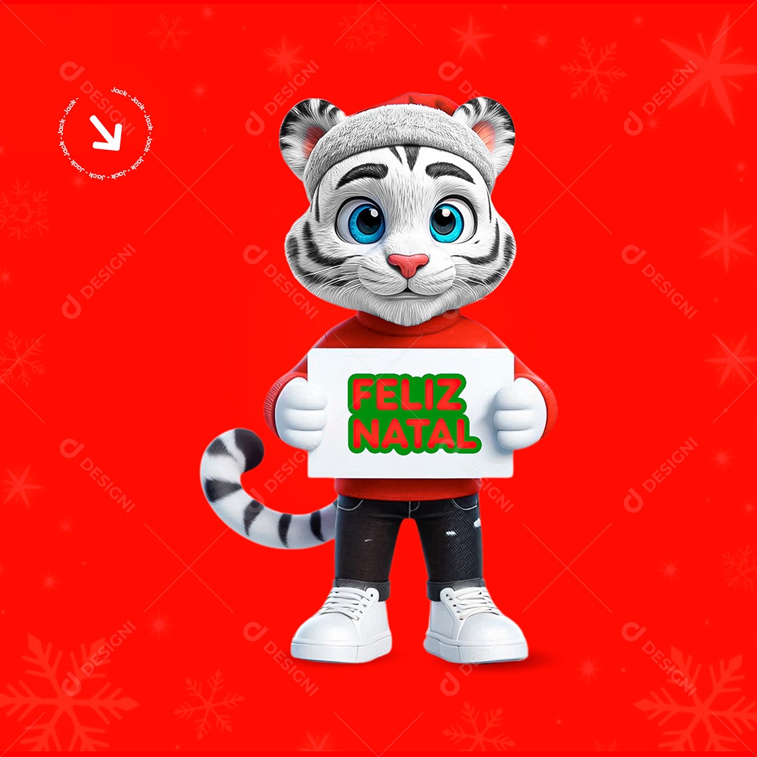Mascote 3D Tigre de  Roupa Natalina para Composição PSD