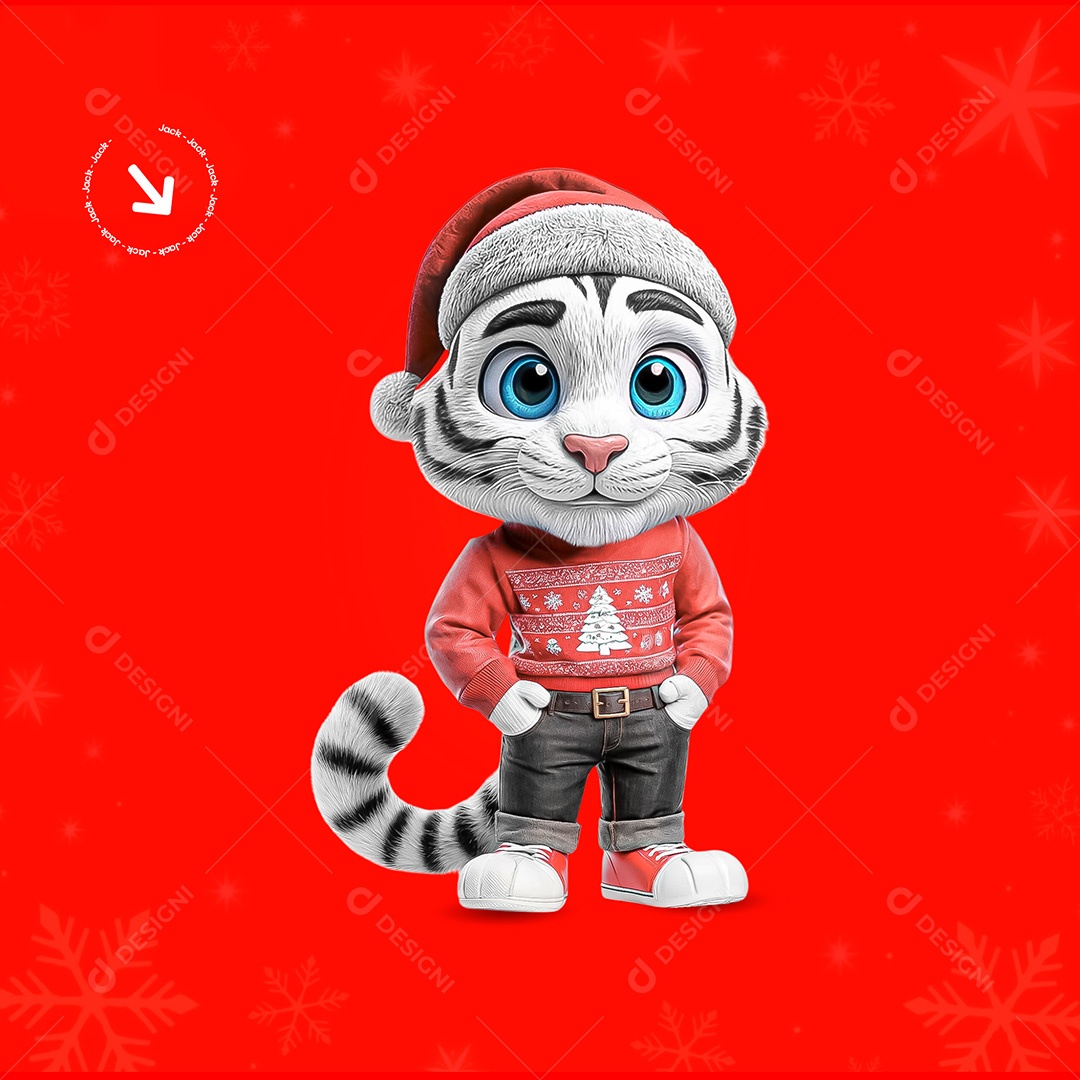 Mascote 3D Tigre de Roupa Natalina para Composição PSD