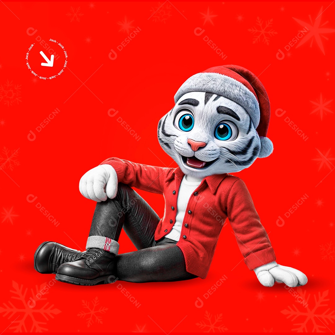 Mascote 3D Tigre de Roupa Natalina para Composição PSD