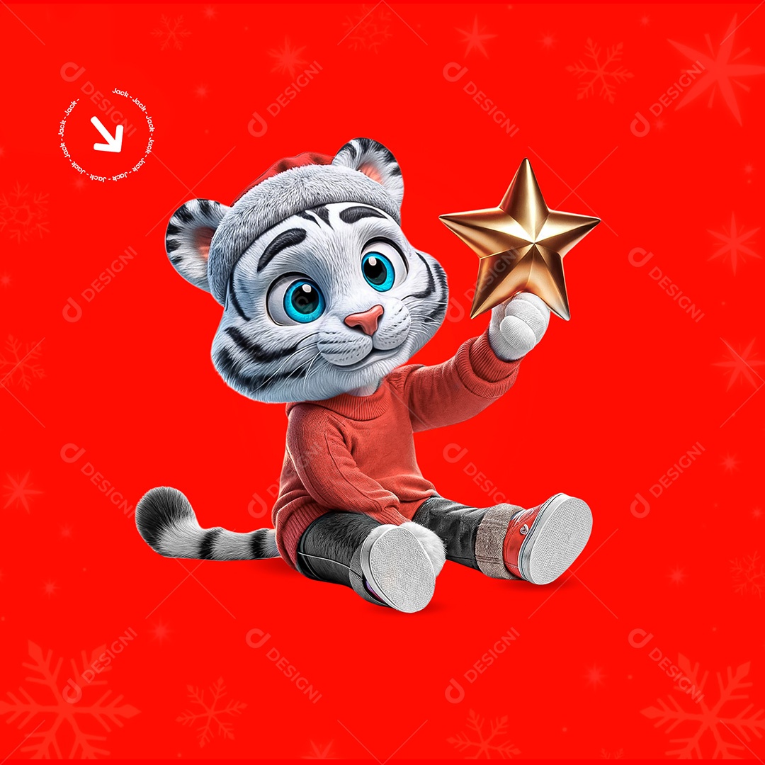 Mascote 3D Tigre de Roupa Natalina para Composição PSD