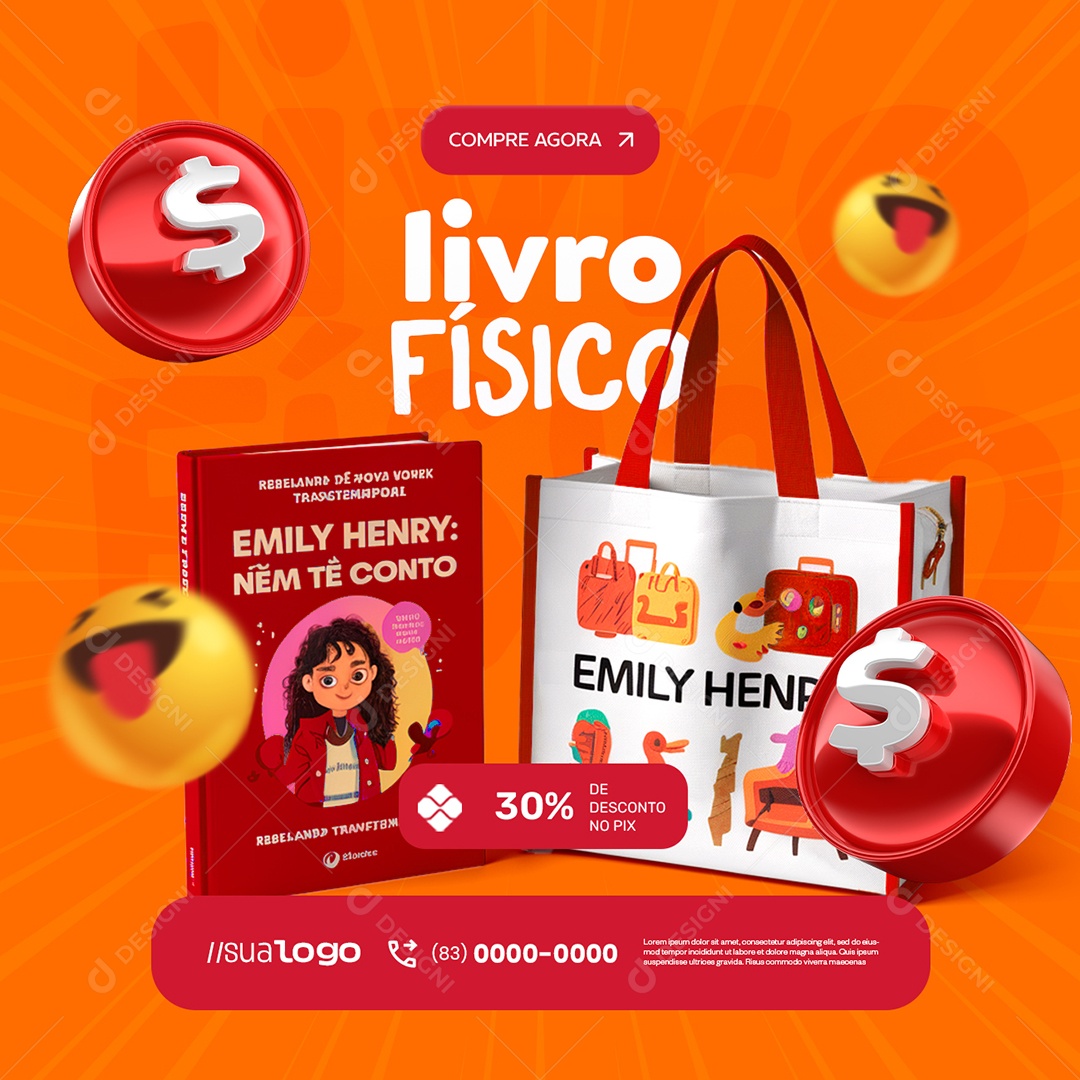 Livraria Livro Físico 30% de Desconto no Pix Social Media PSD Editável