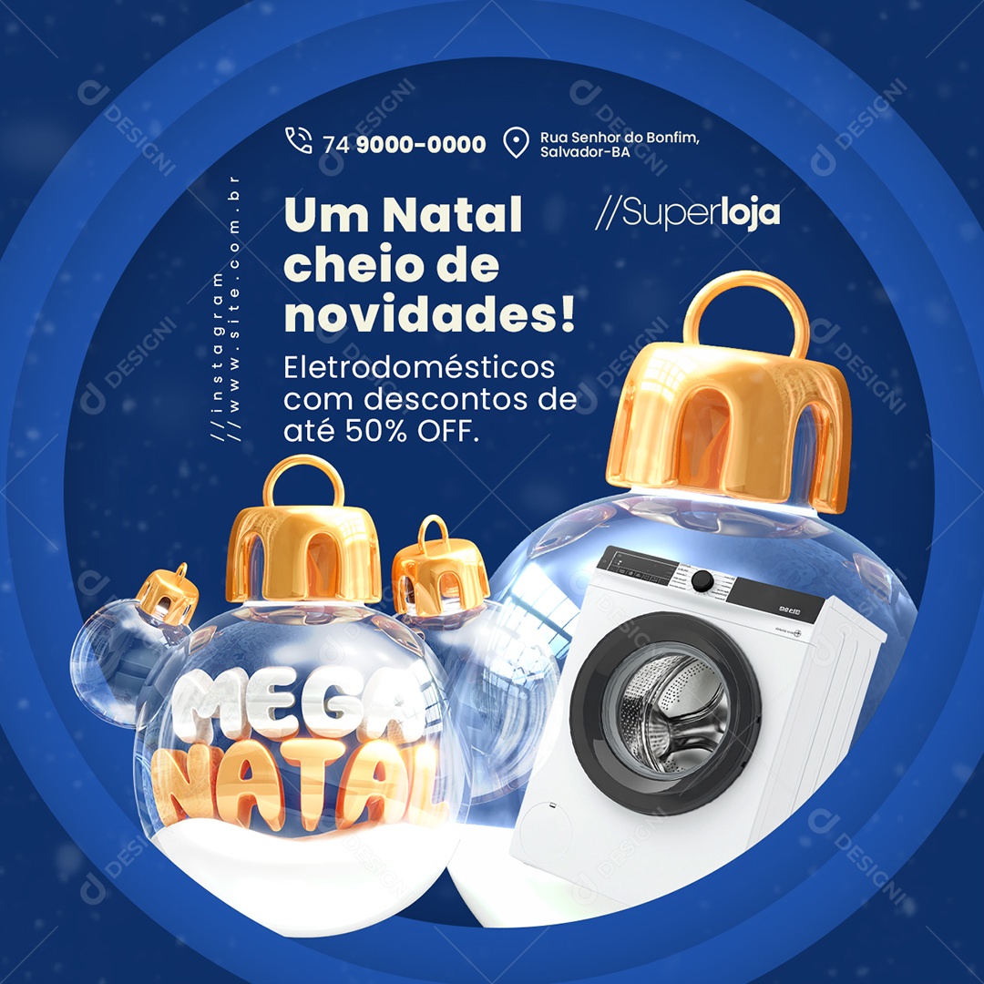 Mega Natal Loja de Eletrodomésticos Lavadora Descontos de Até 50% Social Media PSD Editável
