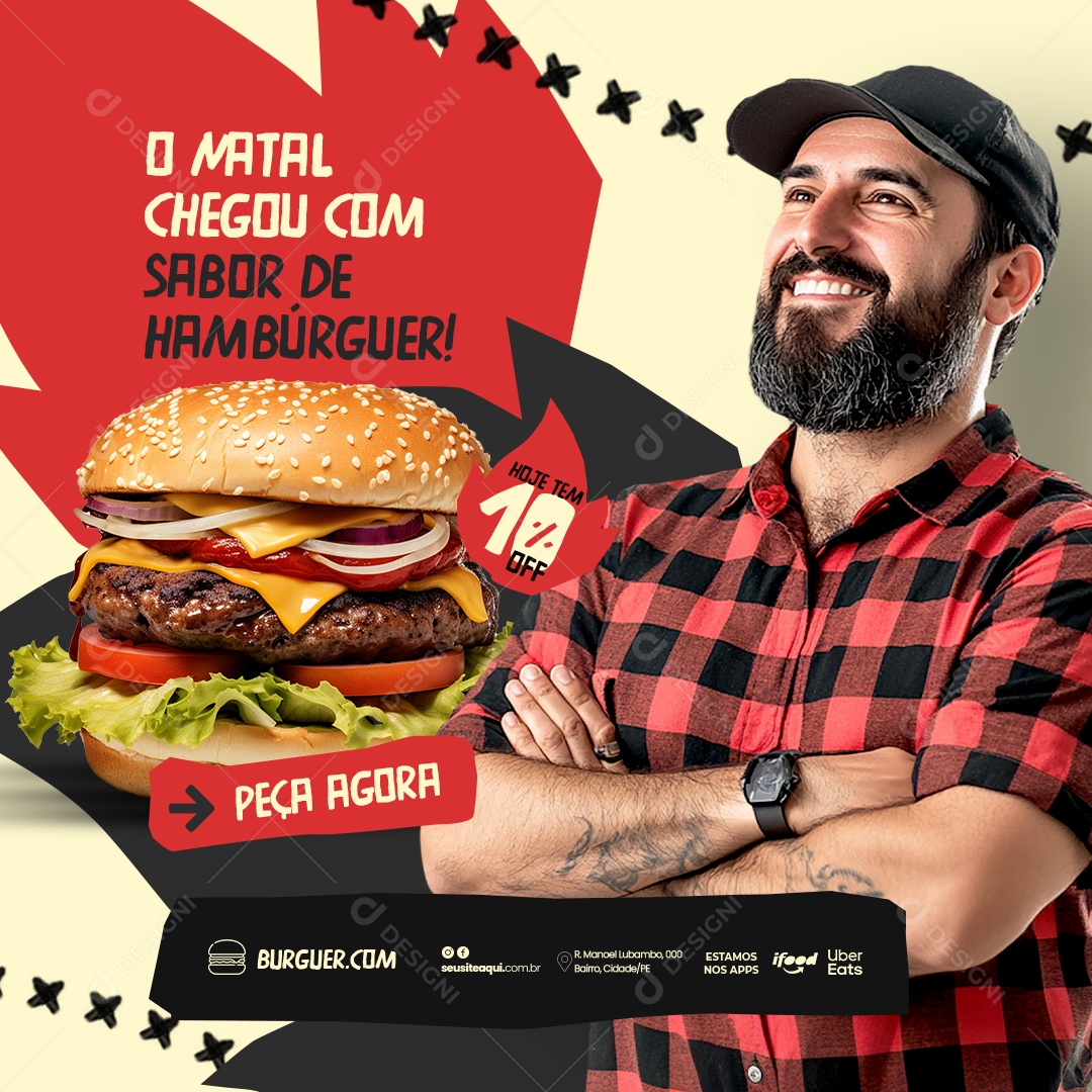 O Natal Chegou com Gosto de Hamburguer Social Media PSD Editável