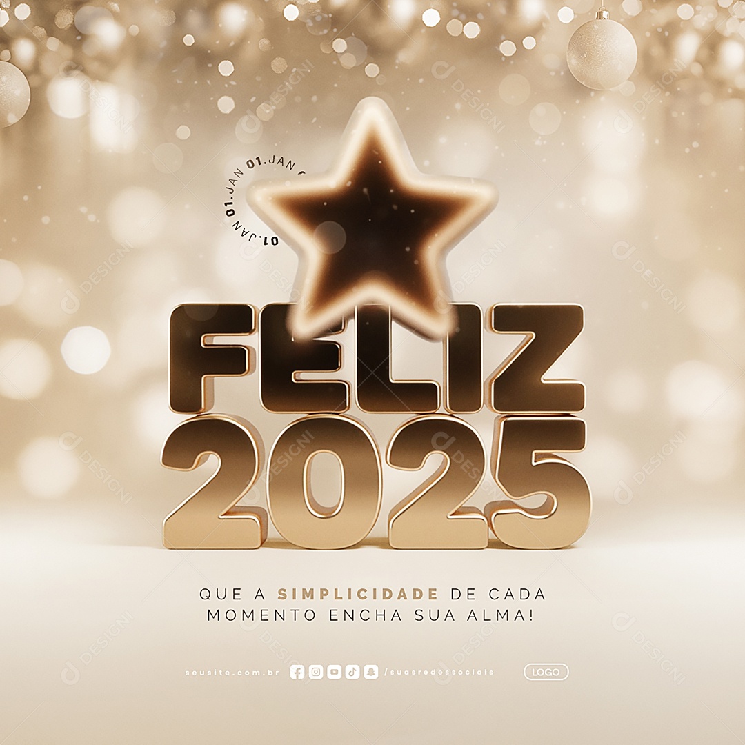 Social Media Feliz 2025 Ano Novo 01 de Janeiro PSD Editável