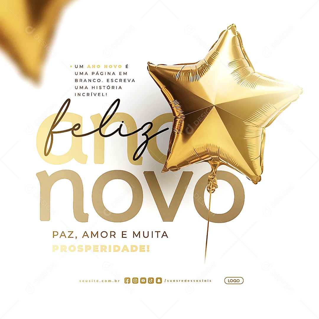 Feliz Ano Novo 01 de Janeiro Paz Amor e Muita Prosperidade Social Media PSD Editável